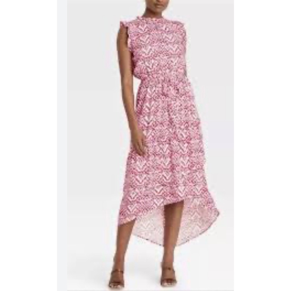 Who What Wear High Low Dress Womens Medium Pink Batik Ruffle Sleeveless Resort
